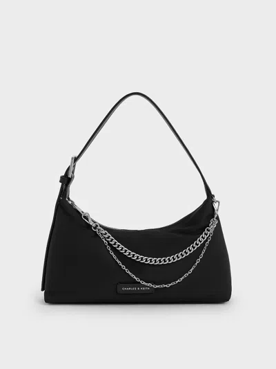 Charles & Keith - Nylon Chain-link Trapeze Shoulder Bag In Black