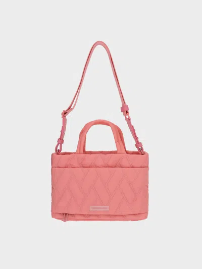 Charles & Keith - Nylon Chevron Boxy Tote Bag In Pink