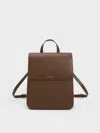 Charles & Keith Front Flap Structured Backpack In Dark Brown