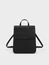 Charles & Keith Front Flap Structured Backpack In Noir