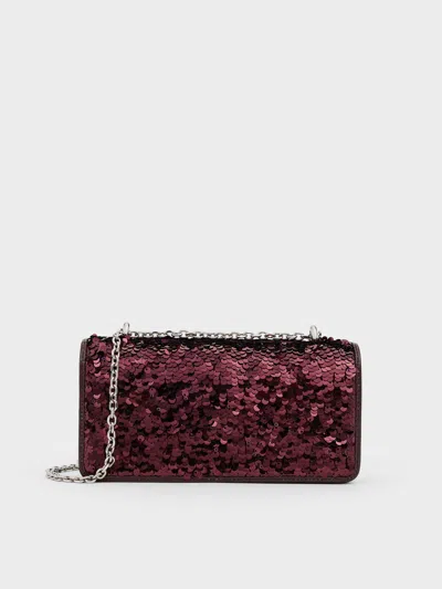 Charles & Keith - Paffuto Sequinned Wallet On Chain In Burgundy