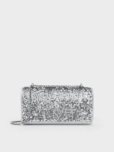 Charles & Keith - Paffuto Sequinned Wallet On Chain In Silver
