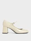 Charles & Keith - Patent Block-heel Mary Jane Pumps In Chalk