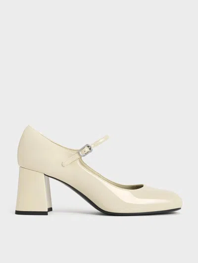 Charles & Keith - Patent Block-heel Mary Jane Pumps In Chalk