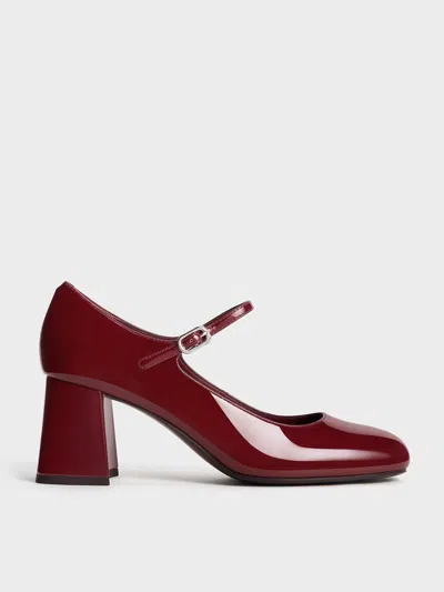 Charles & Keith - Patent Block-heel Mary Jane Pumps In Maroon