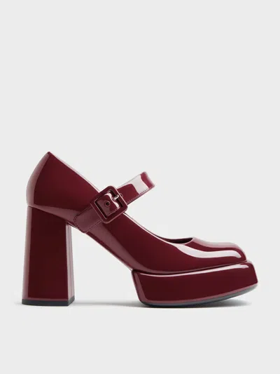 Charles & Keith - Patent Block-heel Platform Mary Jane Pumps In Burgundy
