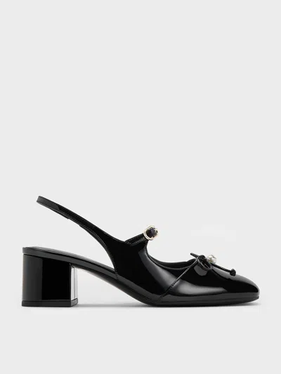 Charles & Keith - Patent Bow Crystal-pearl Slingback Mary Jane Pumps In Black Patent