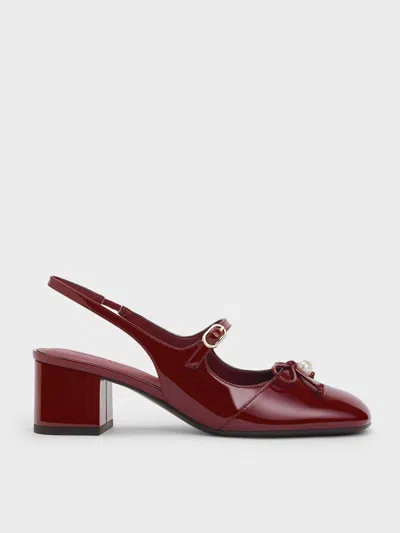 Charles & Keith - Patent Bow Crystal-pearl Slingback Mary Jane Pumps In Burgundy