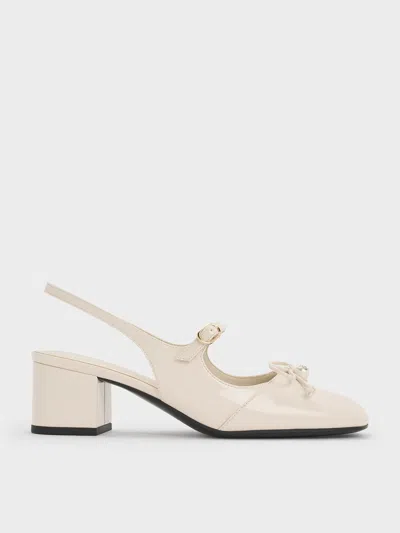 Charles & Keith - Patent Bow Crystal-pearl Slingback Mary Jane Pumps In Chalk