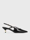 Charles & Keith Patent Buckle-strap Kitten Heel Slingback Pumps In Black Patent