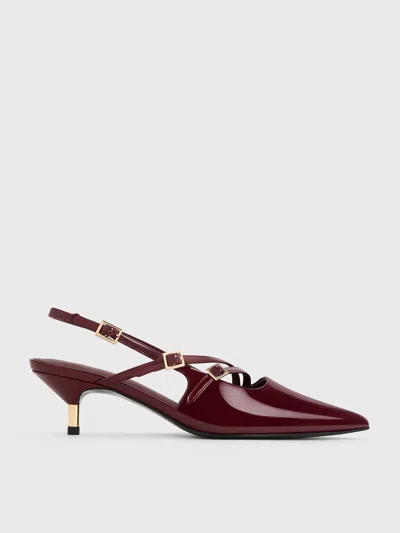 Charles & Keith - Patent Buckle-strap Kitten Heel Slingback Pumps In Maroon