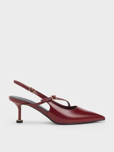 Charles & Keith - Patent Buckled Sculptural-heel Slingback Pumps In Red