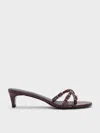 Charles & Keith - Patent Buckled Strappy Kitten-heel Mules In Burgundy