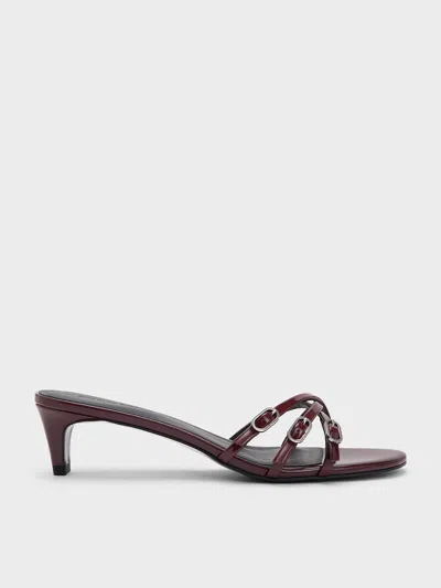 Charles & Keith - Patent Buckled Strappy Kitten-heel Mules In Burgundy