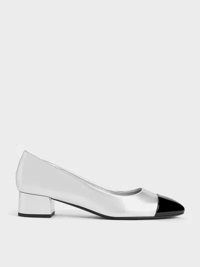 Charles & Keith - Kleo Patent Contrast Cap-toe Pumps In Silver