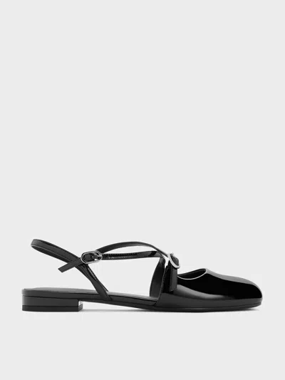 Charles & Keith - Patent Crossover Buckled Slingback Flats In Black Patent