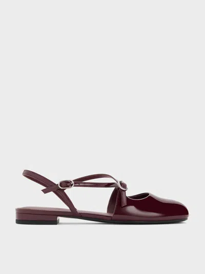 Charles & Keith - Patent Crossover Buckled Slingback Flats In Burgundy