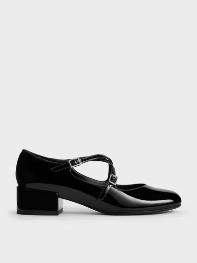 Charles & Keith - Patent Crossover-strap Block-heel Mary Janes In Black Patent