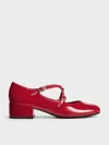 Charles & Keith - Patent Crossover-strap Block-heel Mary Janes In Red