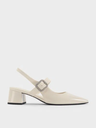 Charles & Keith - Patent Crystal-buckle Block-heel Slingback Pumps In Gray
