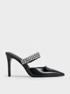 Charles & Keith - Patent Crystal-embellished Heeled Mules In Black Patent