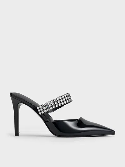 Charles & Keith - Patent Crystal-embellished Heeled Mules In Black Patent