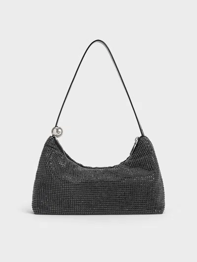 Charles & Keith - Patent Crystal-embellished Two-way Bag In Noir