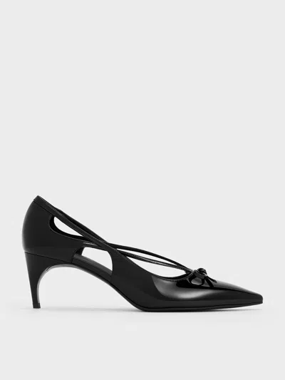 Charles & Keith - Patent Cut-out Bow Kitten-heel Pumps In Black Patent