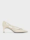 Charles & Keith - Patent Cut-out Bow Kitten-heel Pumps In Chalk