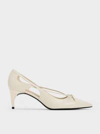 Charles & Keith - Patent Cut-out Bow Kitten-heel Pumps In Chalk