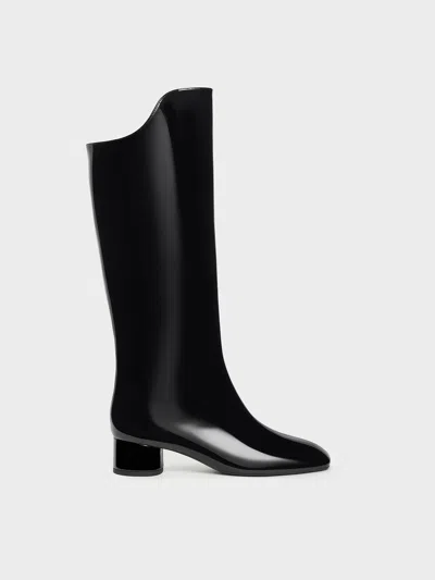 Charles & Keith - Patent Elongated Square-toe Knee-high Boots In Black Patent