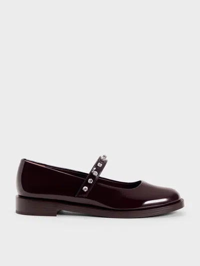 Charles & Keith - Patent Gem-encrusted Mary Janes In Maroon