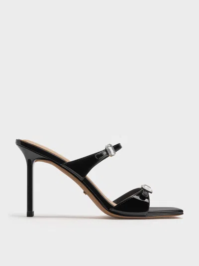 Charles & Keith - Patent Leather Gem-buckle Double-strap Heeled Sandals In Black