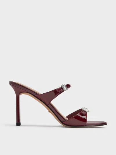 Charles & Keith - Patent Leather Gem-buckle Double-strap Heeled Sandals In Burgundy