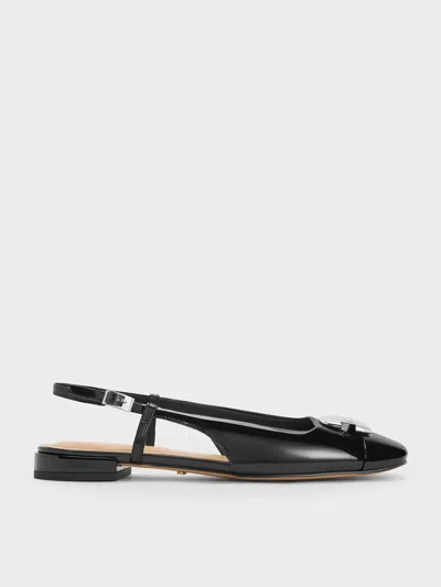 Charles & Keith - Patent Leather Metallic-accent Slingback Flats In Black Patent