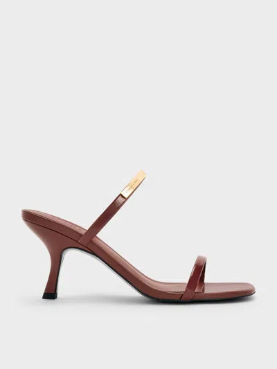 Charles & Keith - Patent Metallic-accent Double-strap Heeled Sandals In Burgundy