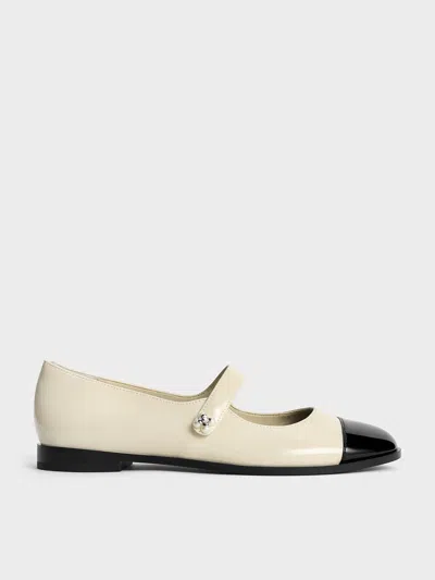 Charles & Keith - Patent Pearl-embellished Flower-buckle Cap-toe Mary Janes In Chalk