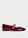 Charles & Keith - Patent Pearl-embellished Flower-buckle Cap-toe Mary Janes In Maroon