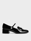 Charles & Keith - Patent Pearl-embellished Flower-buckle Mary Jane Loafers In Black Patent