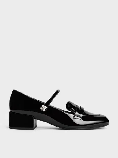 Charles & Keith - Patent Pearl-embellished Flower-buckle Mary Jane Loafers In Black Patent