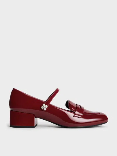 Charles & Keith - Patent Pearl-embellished Flower-buckle Mary Jane Loafers In Maroon