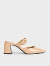 Charles & Keith - Patent Pointed-toe Mary Jane Heeled Mules In Nude