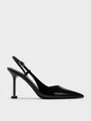 Charles & Keith - Patent Pointed-toe Sculptural-heel Slingback Pumps In Black Patent