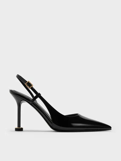 Charles & Keith - Patent Pointed-toe Sculptural-heel Slingback Pumps In Black Patent