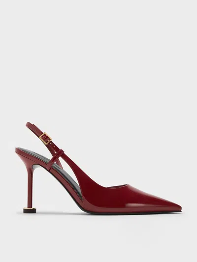 Charles & Keith - Patent Pointed-toe Sculptural-heel Slingback Pumps In Red
