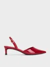 Charles & Keith - Patent Pointed-toe Slingback Kitten Heels In Red