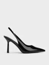 Charles & Keith - Patent Pointed-toe Slingback Pumps In Black Patent