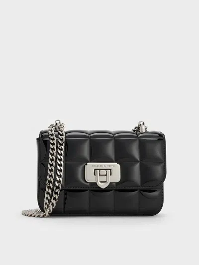 Charles & Keith - Patent Square-quilted Chain-handle Bag In Noir