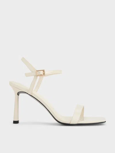 Charles & Keith - Patent Square-toe Ankle-strap Heeled Sandals In Chalk