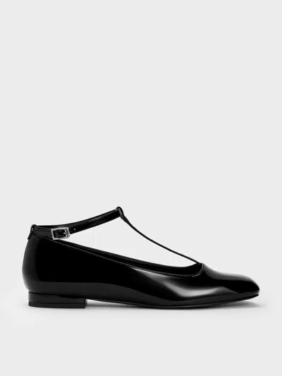 Charles & Keith - Patent T-bar Ankle-strap Ballet Flats In Black Patent